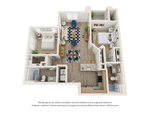 Floor plan for 2 beds, 2 baths, 978 sqft